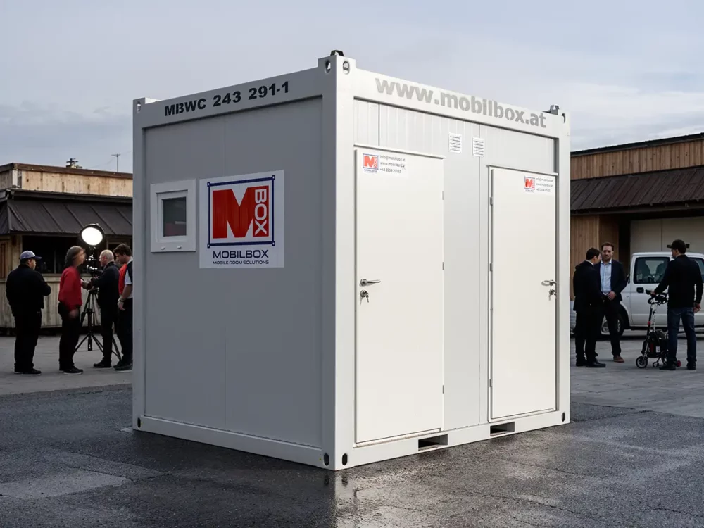 Sanitärcontainer als WC-Container eingesetzt auf einem Filmset während der Filmaufnahmen.