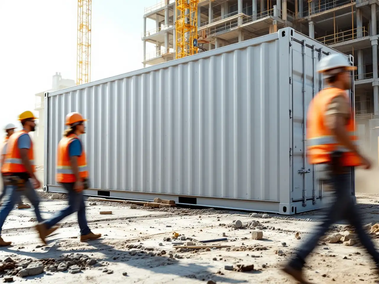Außenansicht eines lichtgrauen Lagercontainers welcher auf der Baustelle eingesetzt wird mit Bauarbeitern im Bild.
