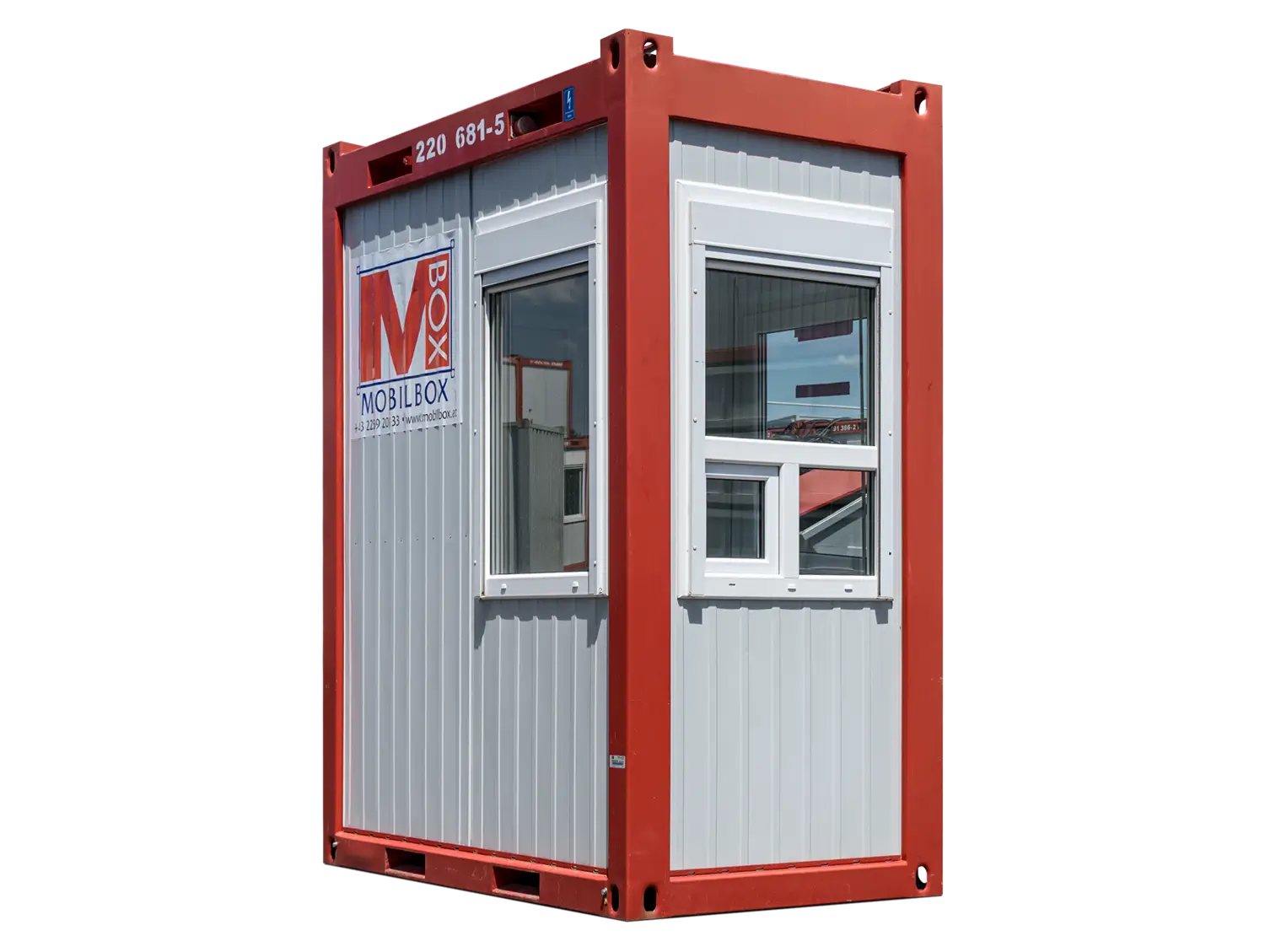 mobilbox-portiercontainer-mb05 Foto eines Mobilbox Portiercontainers MB05 mit rotem Rahmen und Paneele in RAL 9002. Fenster für Portier mit Schiebefunktion.