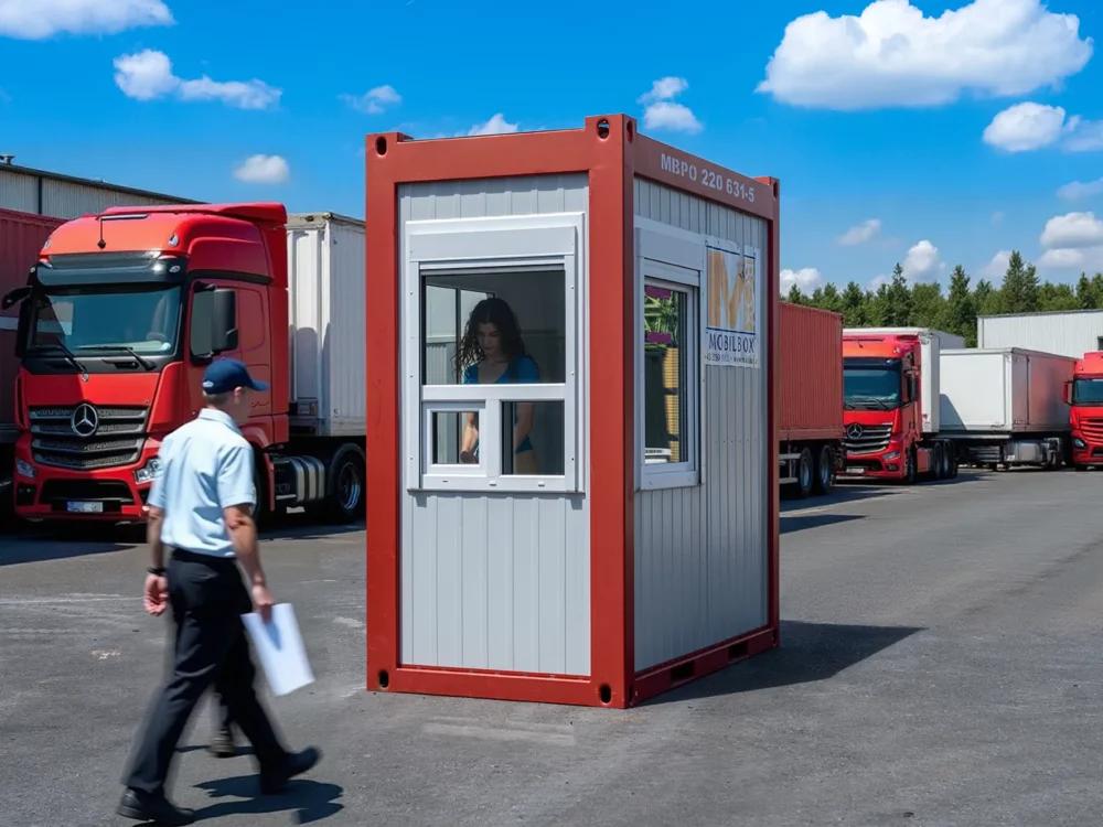 Portiercontainer mieten dargestellt für LKW Anmeldungen am Innenhof eines Logistikunternehmens.