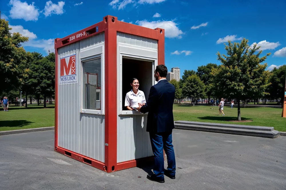 Portiercontainer eingesetzt als Kassencontainer mit einem Kunden welcher Tickets kauft und einer Verkäuferin mit geöffnetem Fenster