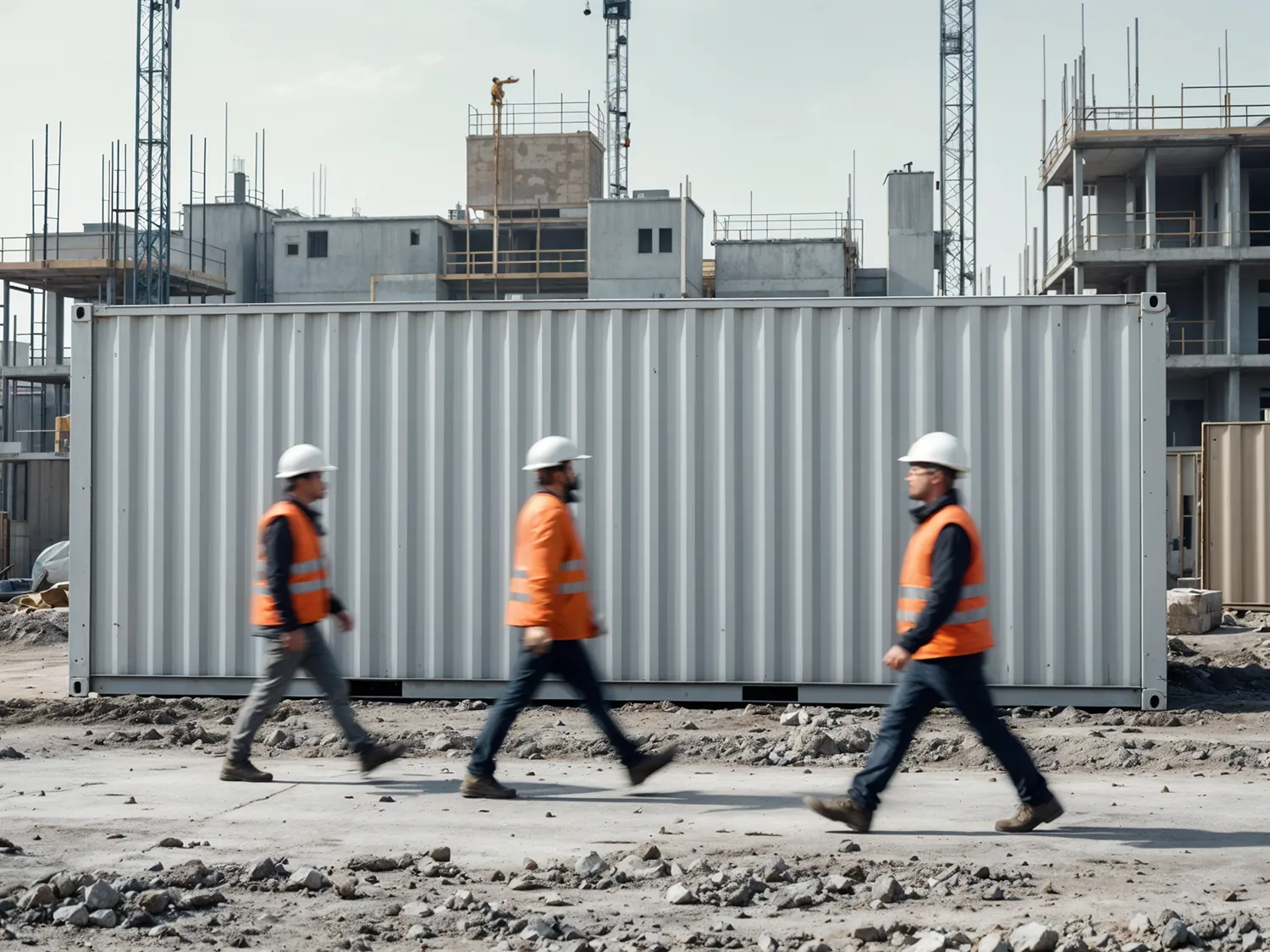 Foto eines ISO-Seecontainers als Materiallager auf einer Baustelle mit Bauarbeitern welche vorbeigehen.