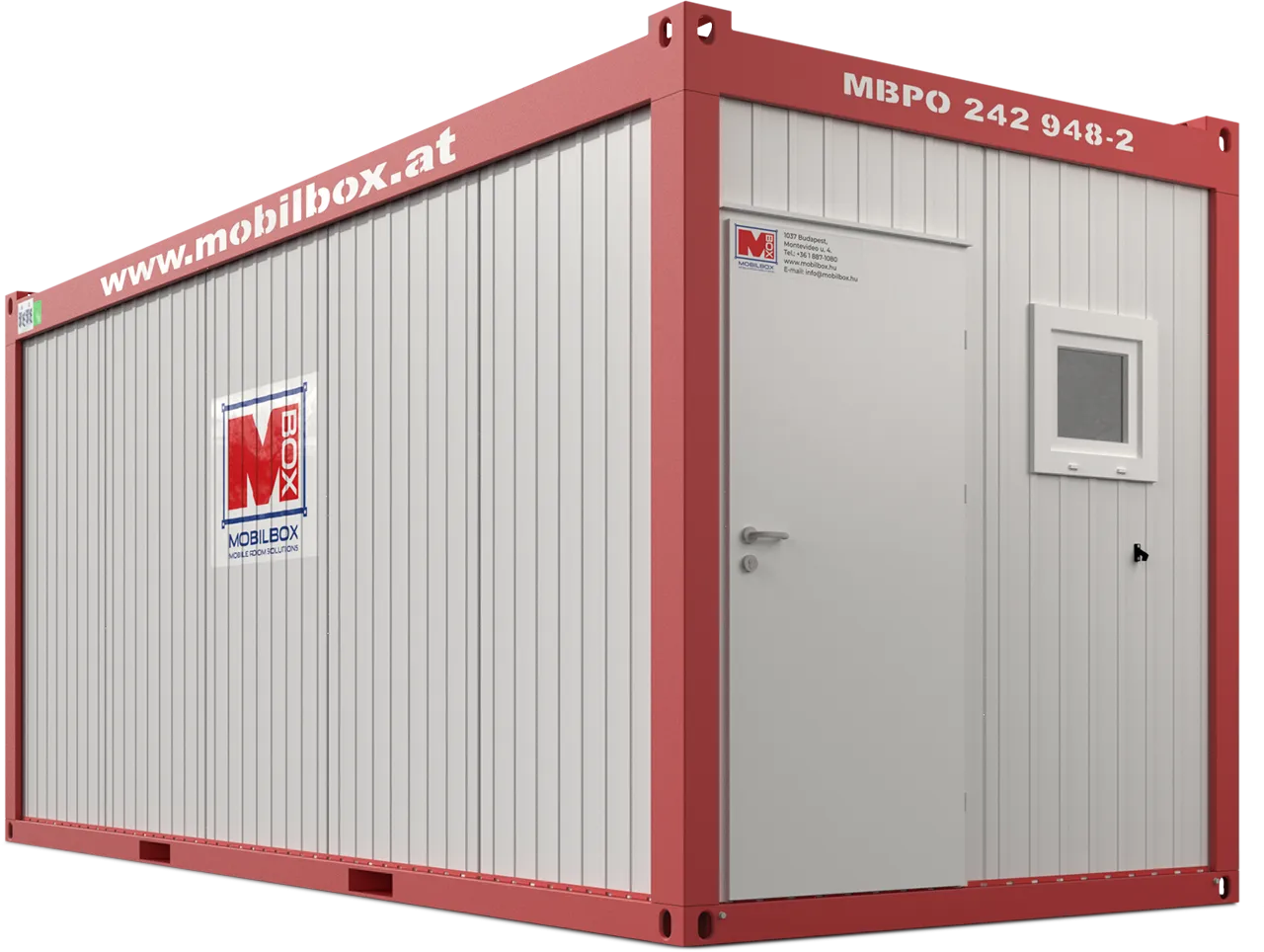 abbildung eines standard wohncontainer als mietcontainer mit roten rahmen und grauweißer lackierung
