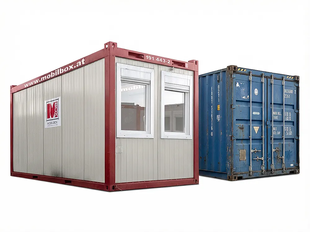 Anreihung von zwei gebrauchten Containereinheiten. Gebrauchter Raumcontainer neben einem gebrauchten Seecontainer.