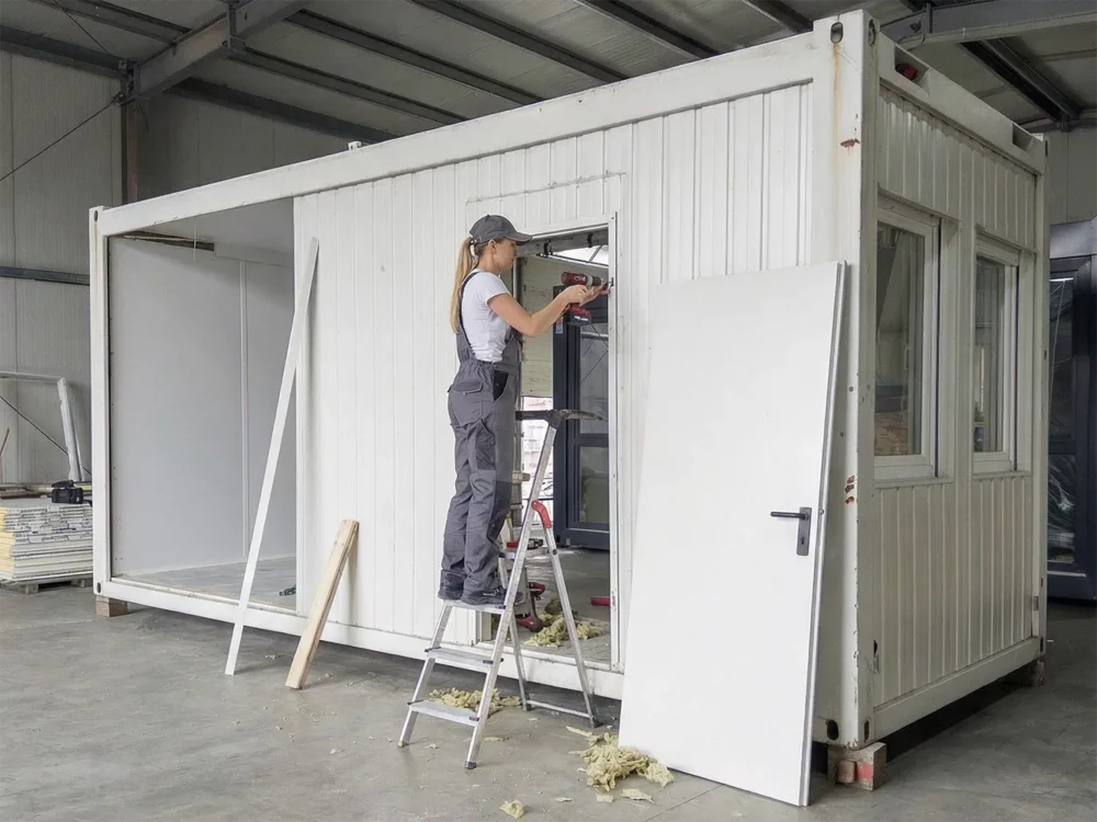 Weibliche Containermonteurin wie diese einen gebrauchten Container umbaut bzw. instandsetzt.