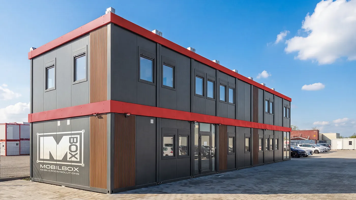 Außenaufnahme des Firmenstandortes von Mobilbox Austria GmbH in Wiener Neustadt aus anthrazitgrauen Bürocontainern mit roter Attika und WPC-Fassadenelementen.